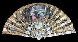 Old Lady's Fan. Carved Mother Of Pearl. Hand Painted Paper. Spain. XIX Century
