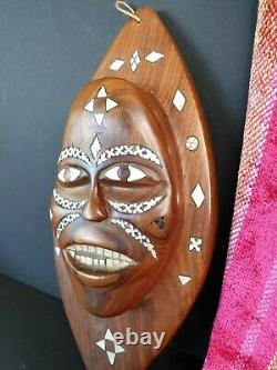 Old Papua New Guinea Bougainville Island Mother of Pearl Inlaid Wood Carving