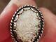 Open Scroll Work Sterling Silver Ring Withcarved Mother Of Pearl Stone Size 9