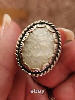 Open Scroll Work Sterling Silver Ring WithCarved Mother Of Pearl Stone Size 9