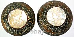 Pair Of Mother-of-Pearl Carved Profile Man Renaissance Woman Antique Inlay 19è