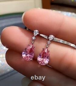 Pear Cut Simulated Pink Sapphire Gorgeous Drop Earring In 14K White Gold Plated