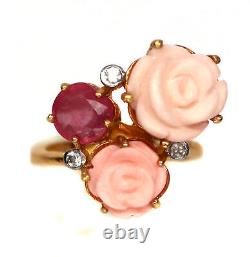 Pink Mother Of Pearl Rose Carved, Ruby & Zircon Ring Silver 925 Sterling