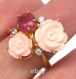 Pink Mother Of Pearl Rose Carved, Ruby & Zircon Ring Silver 925 Sterling