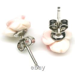 Pink Rose Carved Mother Of Pearl Earrings 925 Sterling Silver White Gold Plated