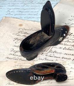 Rare 18th C French Hand Carved Shoe or Boot Snuff, Pique & Mother of Pearl Inlay