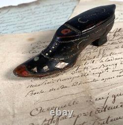 Rare 18th C French Hand Carved Shoe or Boot Snuff, Pique & Mother of Pearl Inlay