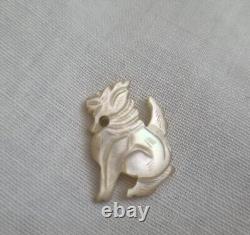 Rare Antique Chinese Foo Dog Fine Hand Carved Mother Of Pearl Charm Pendant