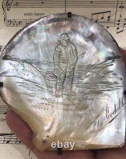 Rare Antique French Carved Mother of Pearl Shell La Rochelle Fisherman c1900