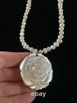 Rare Vintage Mother Of Pearl Necklace With Pearls Carved Flower Pendant