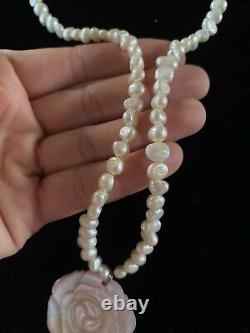 Rare Vintage Mother Of Pearl Necklace With Pearls Carved Flower Pendant