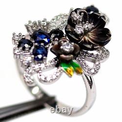 Real Black Mother Of Pearl Flower Carved, Blue Sapphire & Cz Ring 925 Silver
