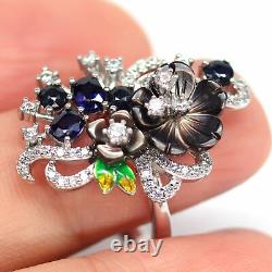 Real Black Mother Of Pearl Flower Carved, Blue Sapphire & Cz Ring 925 Silver