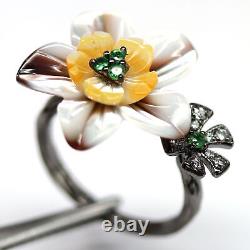 Real Mother Of Pearl Carved Tsavorite Garnet Tourmaline & Cz Ring 925 Silver