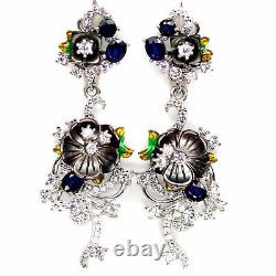 Real Mother Of Pearl Flower Carved, Blue Sapphire & Cz Long Earrings 925 Silver