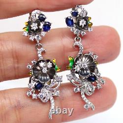 Real Mother Of Pearl Flower Carved, Blue Sapphire & Cz Long Earrings 925 Silver