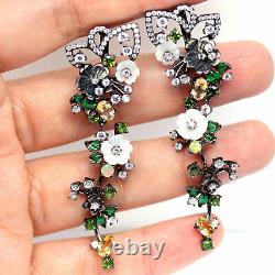 Real Mother Of Pearl Flower Carved Opal Citrine Diopside. Earrings 925 Silver