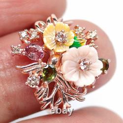 Real! Mother Of Pearl Flower Carved, Tourmaline & Cz Ring 925 Sterling Silver