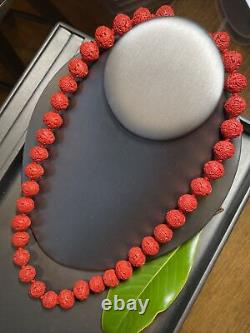 Red Carved Cinnabar 1/2 Bead Asian Necklace China 22 Shou Longevity & Health