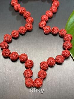 Red Carved Cinnabar 1/2 Bead Asian Necklace China 22 Shou Longevity & Health