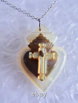 SACRED HEART CROSS PENDANT ANTIQUE HAND CARVED MOP VICTORIAN NECKLACE neocurio