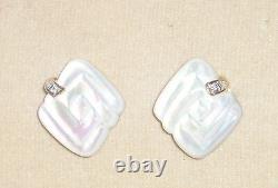 SOLID 14K Gold Hand Carved MOTHER of PEARL Diamond Earrings