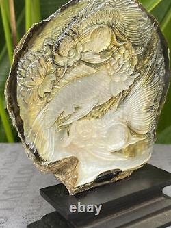 Sea Shell Carved Koi Fish, Mussels Shell, Mother of Pearls with Stand Carved Koi