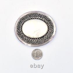 Sterling Silver 925 Ornate Oval Carved Mother Of Pearl Pendant