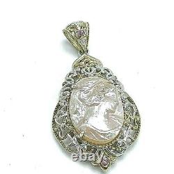 Sterling Silver Necklace Pendant Carved Mother of Pearl Cameo by Gems en Vogue