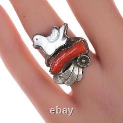 Sz7 Vintage zuni carved mother of pearl and coral silver ring