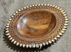 Trobriand Carved Wood Bowl with Mother of Pearl 7 x 6 inches Papua New Guinea