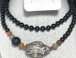 VTG Asian Black Onyx Carnelian Bead Carved Sterling Etched Figure Necklace 30