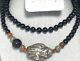 Vtg Asian Black Onyx Carnelian Bead Carved Sterling Etched Figure Necklace 30