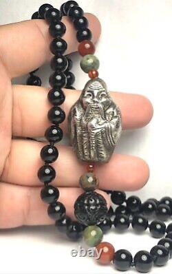 VTG Asian Black Onyx Carnelian Bead Carved Sterling Etched Figure Necklace 30