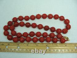VTG Chinese Carved Red Cinnabar Floral Flower Bead Knotted Art Necklace Silver