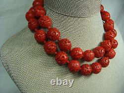 VTG Chinese Carved Red Cinnabar Floral Flower Bead Knotted Art Necklace Silver