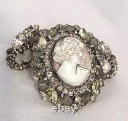 VTG Hobe Signed Carved Cameo Mother Pearl Marquise Rhinestone 50's Brooch Set