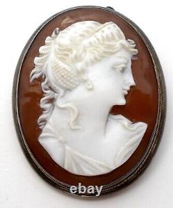 Victorian Cameo Pendant Brooch Hand Carved Shell On Carnelian 800 Silver Antique