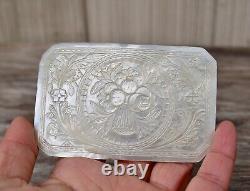 Victorian Carved Mother of Pearl MOP Snuff Cover Flower Bouquet Thistle English