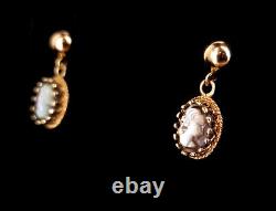 Vintage 14K Yellow Gold Carved Mother of Pearl Cameo Dangle Post Earrings
