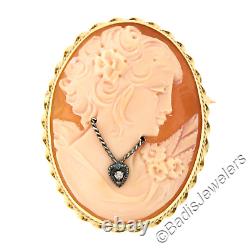 Vintage 14k Gold Carved Shell Cameo with Necklace & Twisted Wire Frame Pin Brooch