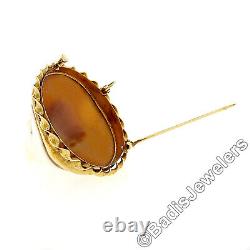 Vintage 14k Gold Unique Domed 3D Carved Shell Cameo Twisted Wire Brooch Pendant