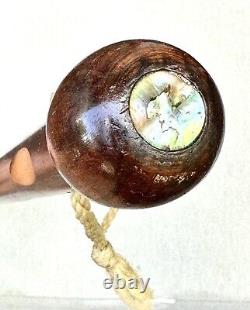 Vintage Antique Carved Wood Mother Of Pearl Swagger Knob Walking Stick Cane