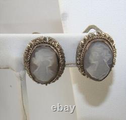 Vintage Cameo Pendant and Earrings in 800 Silver with Carved Mother of Pearl Set