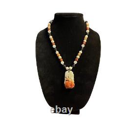 Vintage Carved Jade Phoenix & Golden Pearl Pendant Nephrite Bead Necklace 20