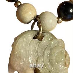 Vintage Carved Jade Phoenix & Golden Pearl Pendant Nephrite Bead Necklace 20