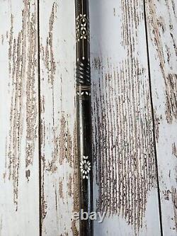 Vintage Carved Wooden Cane With Mother Of Pearl Inlay Knob Top 37 Walking Stick