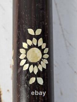 Vintage Carved Wooden Cane With Mother Of Pearl Inlay Knob Top 37 Walking Stick