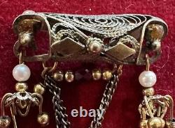 Vintage Filagree Pin Carved Two Woman's Faces Beads Crystals Pearls W Gold Tone