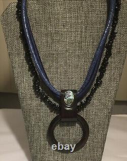 Vintage Gerda Lynggarrd MONIES Necklace Carved Wood Abalone Silk Boho Unusual